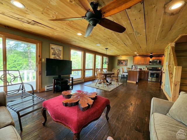 living room with a baseboard heating unit, dark wood-type flooring, ceiling fan, and wooden ceiling