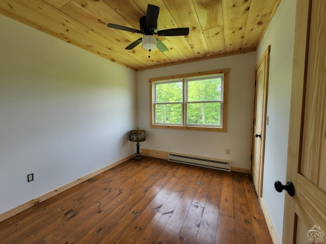 empty room featuring hardwood / wood-style flooring, ceiling fan, wooden ceiling, and a baseboard heating unit