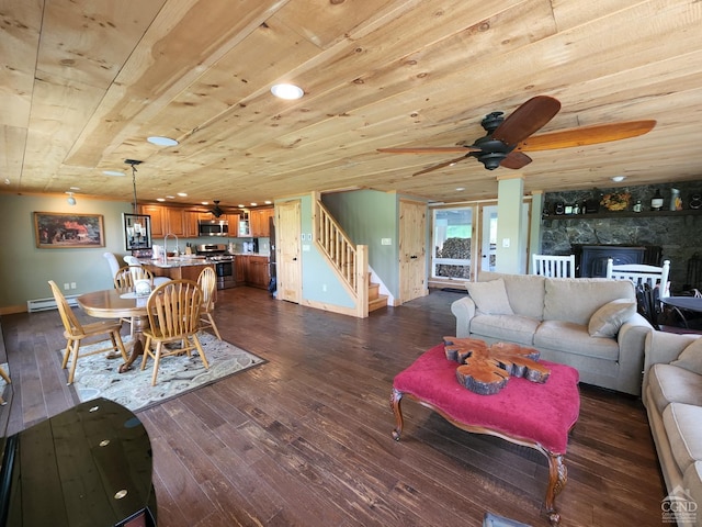 living room with dark hardwood / wood-style floors, ceiling fan, and wood ceiling