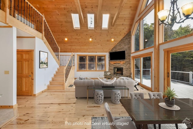 living room featuring high vaulted ceiling, an inviting chandelier, light wood-type flooring, a fireplace, and wood ceiling