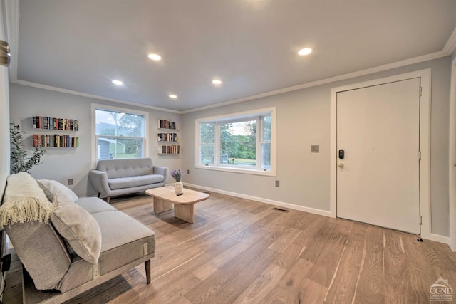 living room featuring crown molding and light hardwood / wood-style flooring