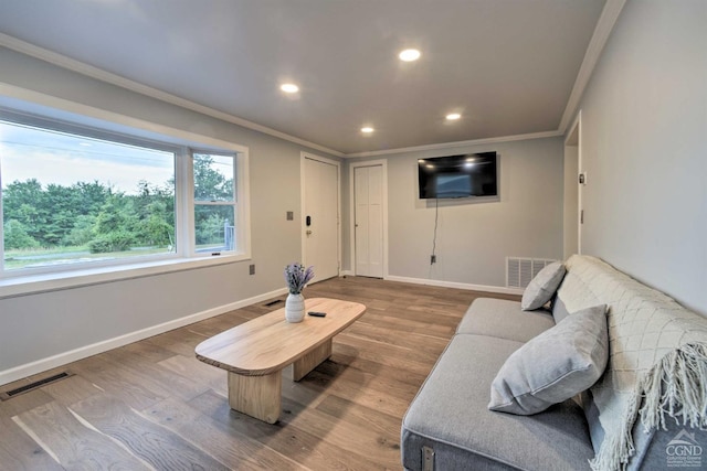 living room featuring hardwood / wood-style floors and crown molding