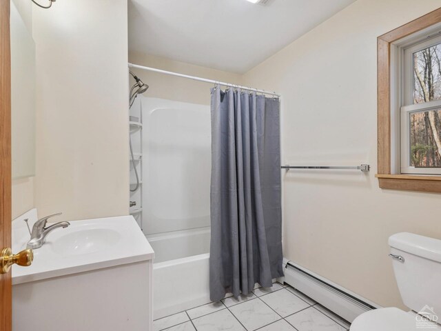 full bathroom with vanity, toilet, shower / bathtub combination with curtain, and a baseboard radiator