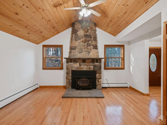 unfurnished living room featuring vaulted ceiling, light wood-type flooring, wooden ceiling, and a baseboard radiator