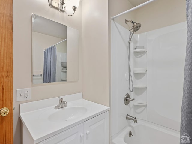 bathroom featuring shower / tub combo with curtain and vanity