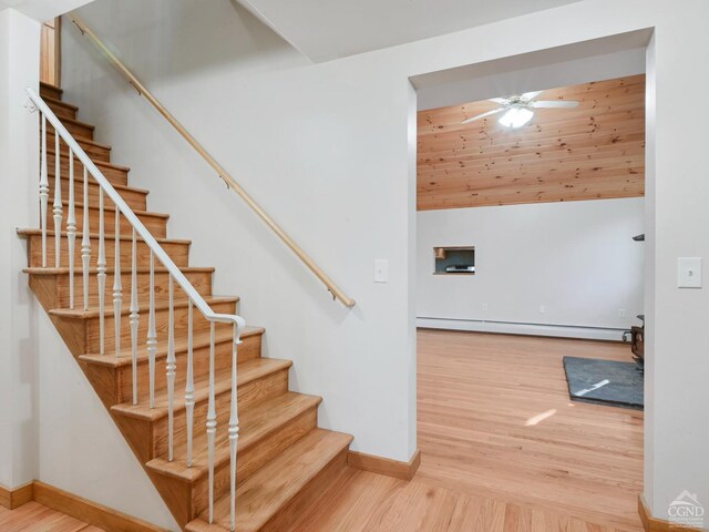 stairs with hardwood / wood-style floors, ceiling fan, and a baseboard radiator