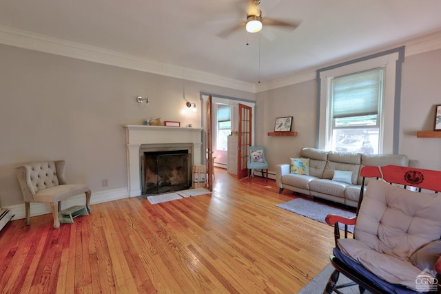 living room featuring light wood-type flooring, ceiling fan, and crown molding