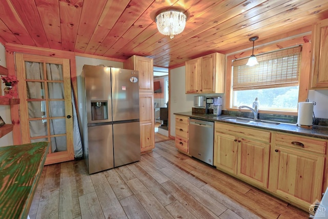 kitchen featuring sink, wooden ceiling, hanging light fixtures, appliances with stainless steel finishes, and light wood-type flooring