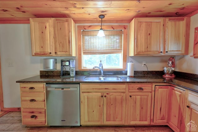 kitchen with pendant lighting, dishwasher, wooden ceiling, and sink