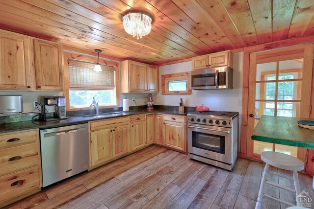 kitchen with light hardwood / wood-style floors, wood ceiling, hanging light fixtures, and appliances with stainless steel finishes