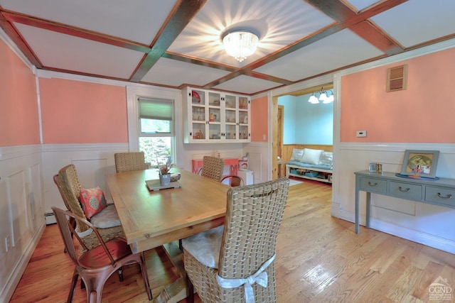 dining area featuring a notable chandelier, light hardwood / wood-style floors, baseboard heating, and coffered ceiling