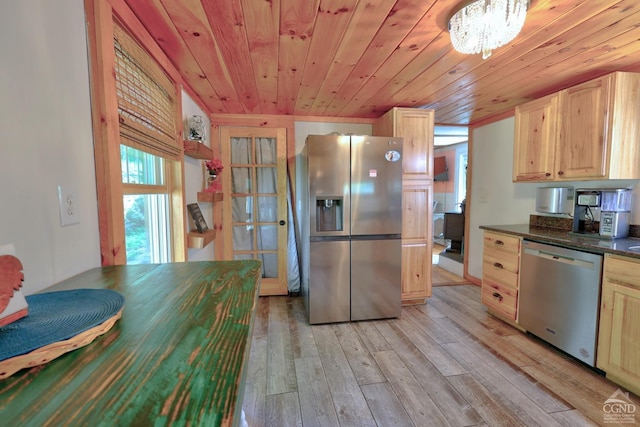 kitchen with light brown cabinets, light hardwood / wood-style flooring, wooden ceiling, and appliances with stainless steel finishes