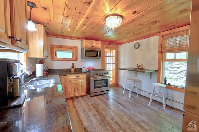 kitchen featuring plenty of natural light, sink, stainless steel appliances, and hanging light fixtures