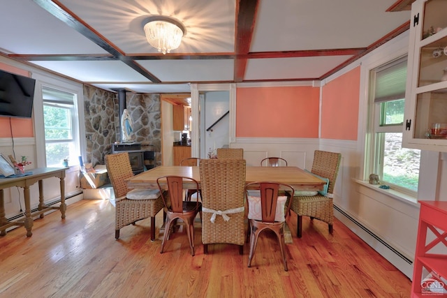 dining area with plenty of natural light, light hardwood / wood-style floors, a wood stove, and a baseboard heating unit