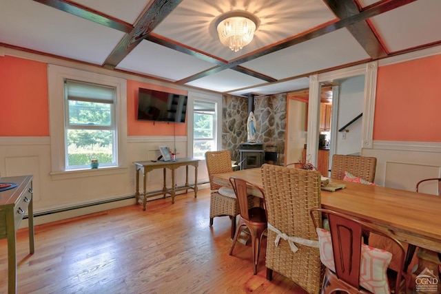 dining area featuring light wood-type flooring, a wood stove, a wealth of natural light, and coffered ceiling