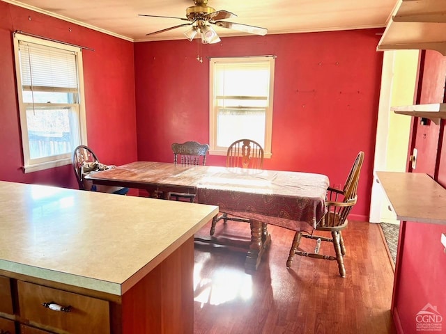 dining space with ceiling fan, light wood-type flooring, crown molding, and billiards