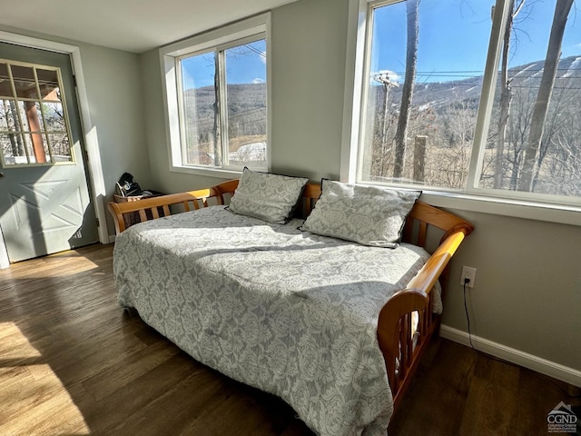 bedroom featuring a mountain view and dark hardwood / wood-style floors