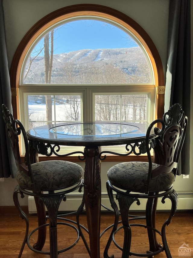 dining room featuring hardwood / wood-style flooring and a mountain view