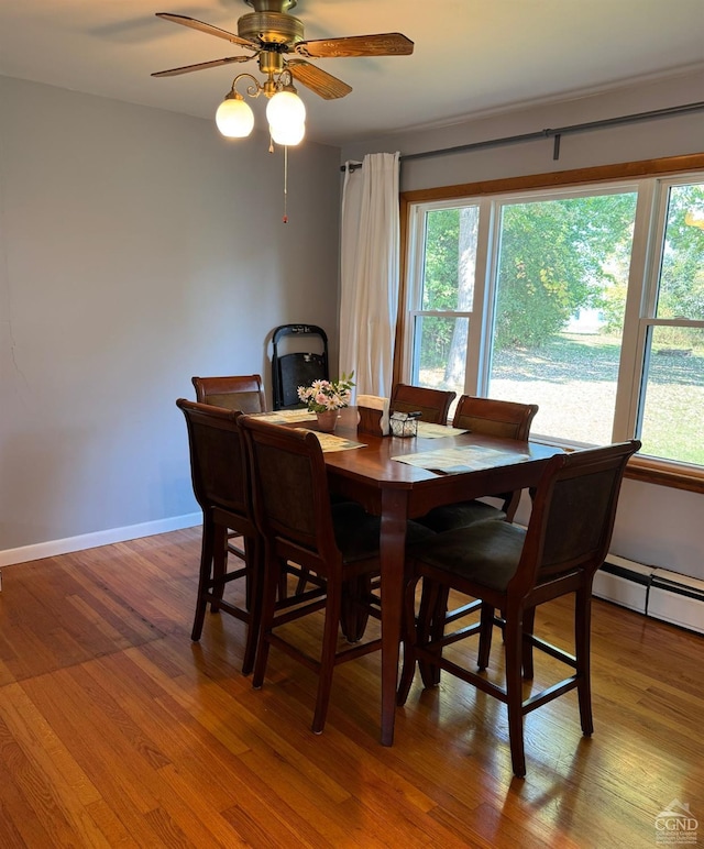 dining room featuring hardwood / wood-style floors, a baseboard radiator, and ceiling fan