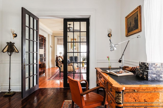 office featuring ornamental molding, dark wood-style flooring, and french doors