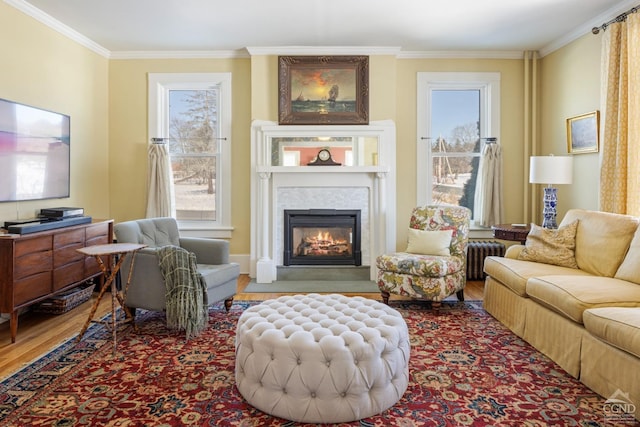 living area with ornamental molding, radiator heating unit, wood finished floors, and a glass covered fireplace