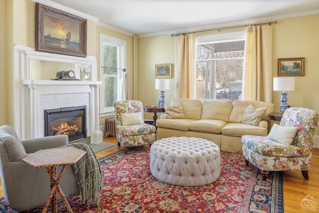 living area with ornamental molding, a tiled fireplace, and wood finished floors