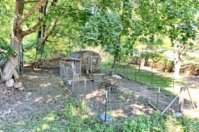 view of yard featuring a storage shed