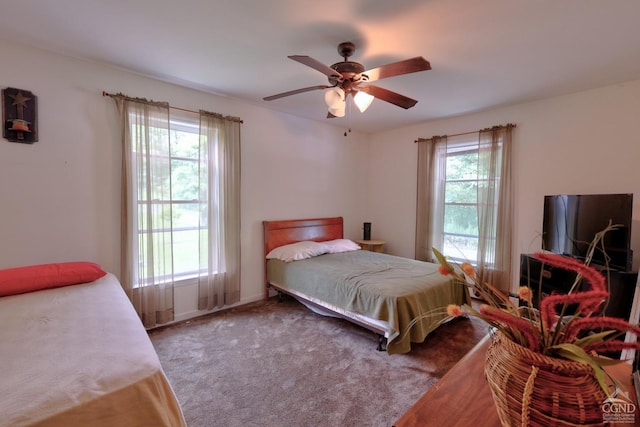 bedroom with carpet flooring, multiple windows, and ceiling fan