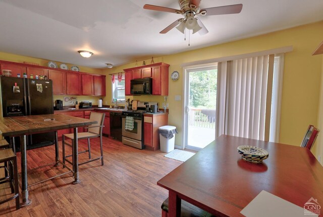 kitchen featuring black appliances, ceiling fan, sink, and hardwood / wood-style flooring