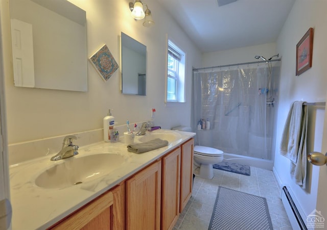 bathroom with vanity, tile patterned floors, a shower with curtain, toilet, and baseboard heating