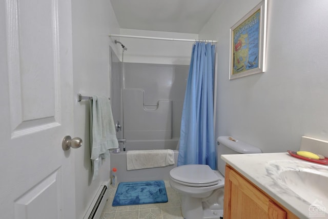 full bathroom featuring vanity, shower / bath combo, tile patterned floors, toilet, and baseboard heating