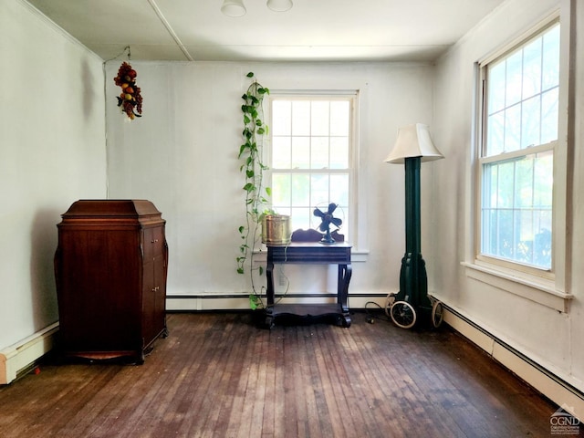 misc room featuring a baseboard heating unit, dark hardwood / wood-style floors, and a healthy amount of sunlight