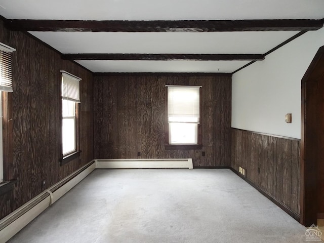 empty room with beam ceiling, wooden walls, and a baseboard heating unit