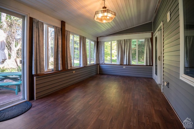 unfurnished sunroom featuring vaulted ceiling and wooden ceiling