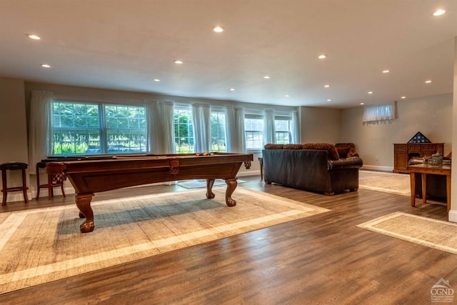 rec room with billiards and wood-type flooring