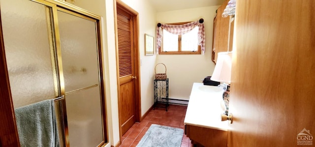 bathroom featuring a baseboard radiator, vanity, tile patterned flooring, and a shower stall
