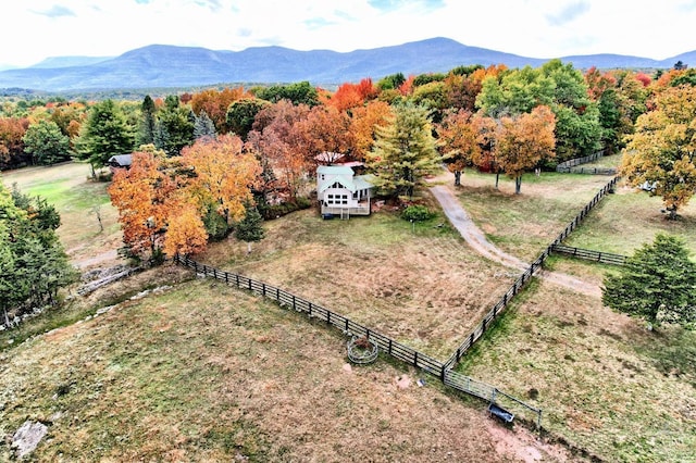 bird's eye view featuring a mountain view and a rural view