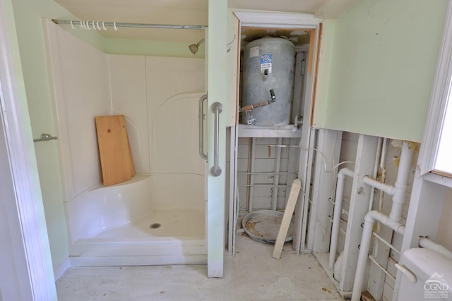 bathroom with gas water heater and walk in shower