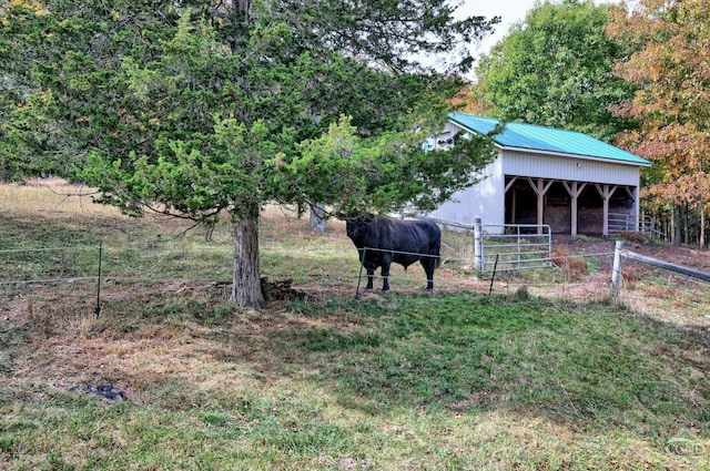 view of yard with a rural view and an outdoor structure