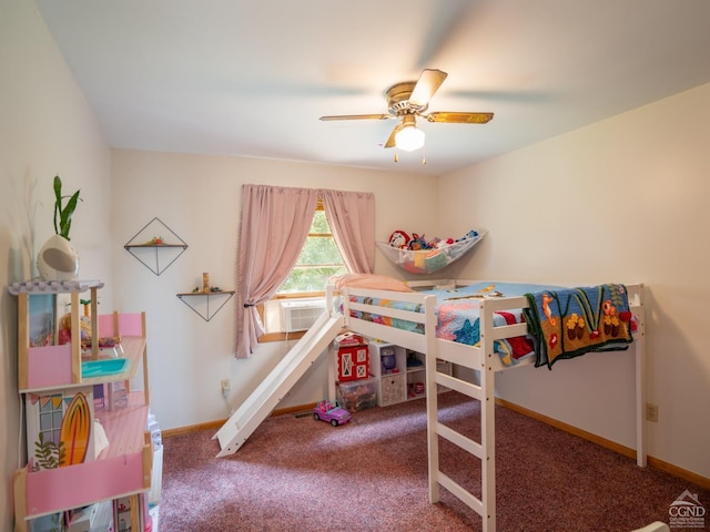 carpeted bedroom with ceiling fan and cooling unit