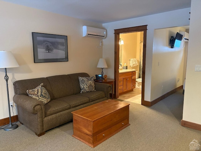 carpeted living room with a wall mounted AC