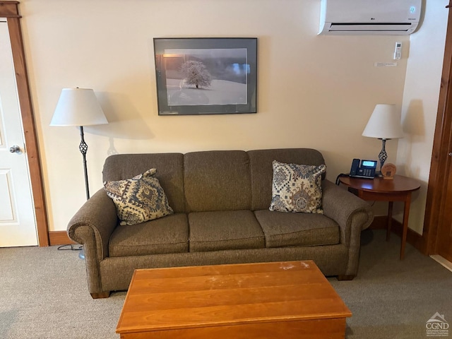 carpeted living room featuring a wall unit AC