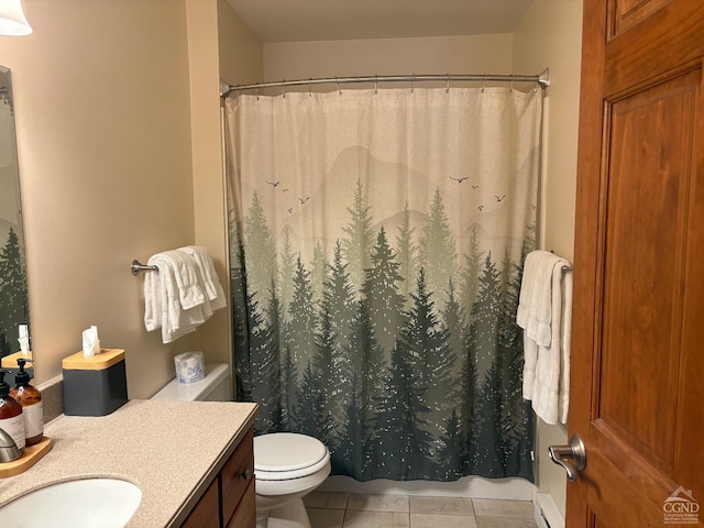 bathroom featuring tile patterned flooring, vanity, a shower with curtain, and toilet