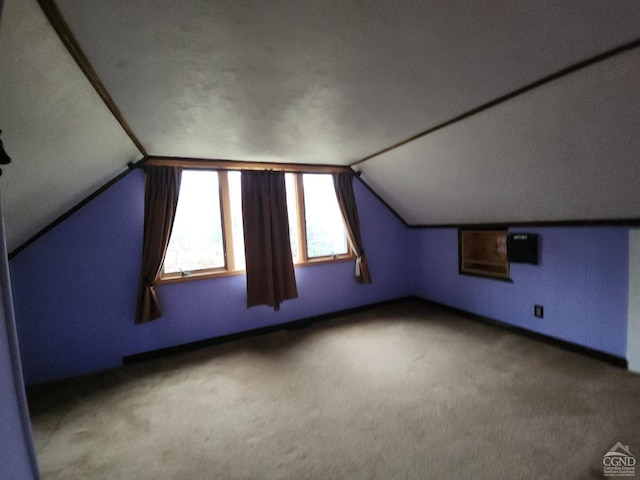 additional living space featuring vaulted ceiling and carpet flooring