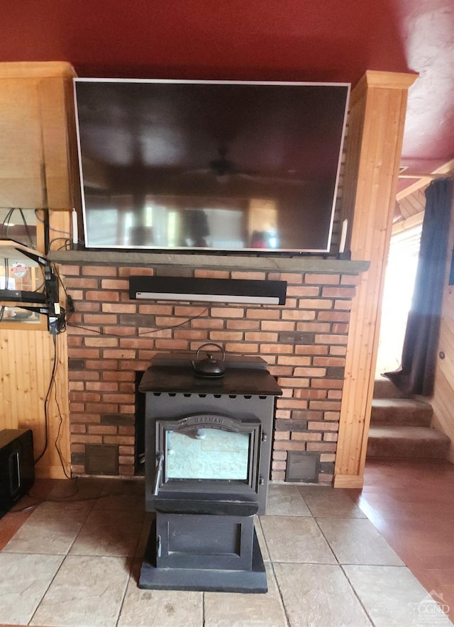 interior details featuring a wood stove