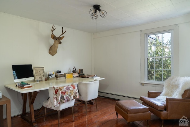 office featuring a baseboard radiator and dark hardwood / wood-style floors