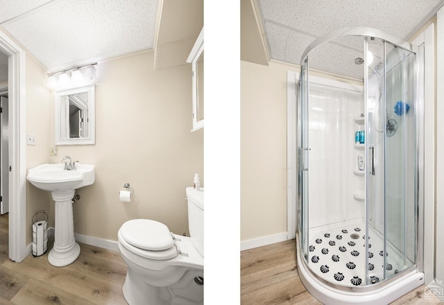 bathroom with wood-type flooring, an enclosed shower, and toilet