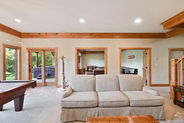 living room with light carpet and pool table