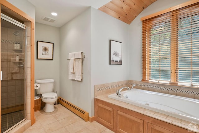 bathroom featuring tile patterned flooring, toilet, lofted ceiling, and plus walk in shower