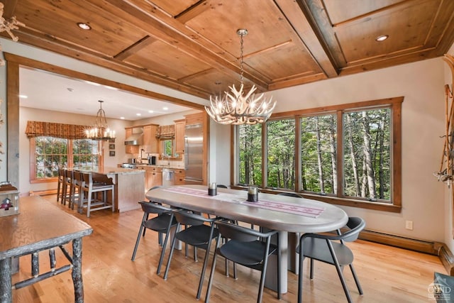 dining space featuring a notable chandelier, light hardwood / wood-style floors, wood ceiling, and a baseboard radiator